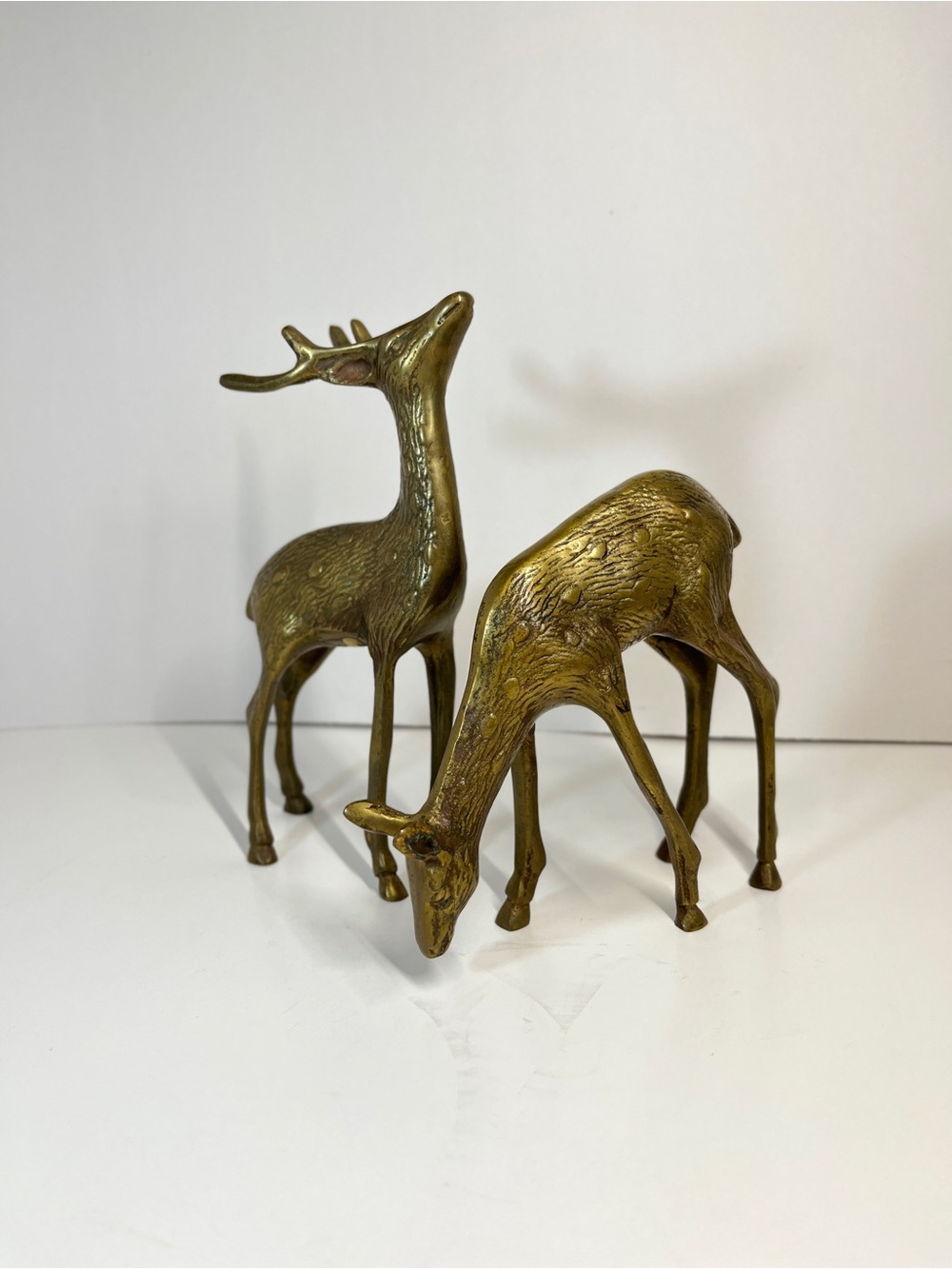 Vintage Brass Deer 7" Buck 5" Doe Set Pair MCM Figurine Figures Decor Etched - Picture 6 of 14